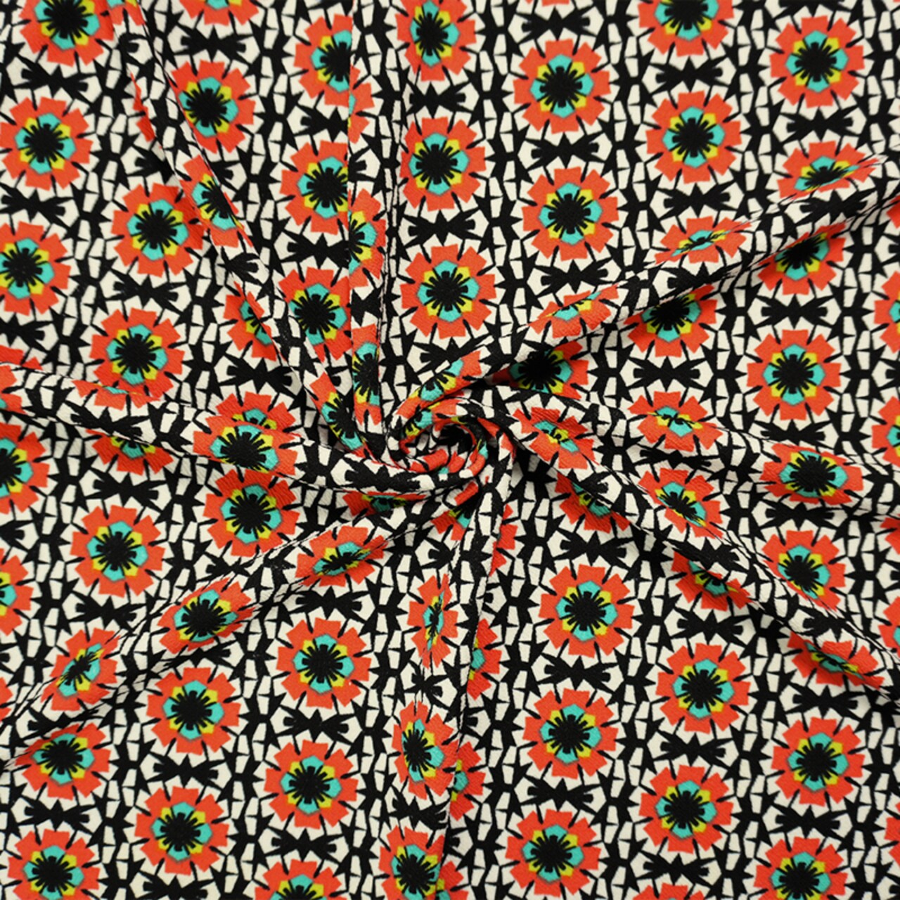 Black-Multi Poly Geo Floral Print Liverpool Double Knit Fabric By the Yard